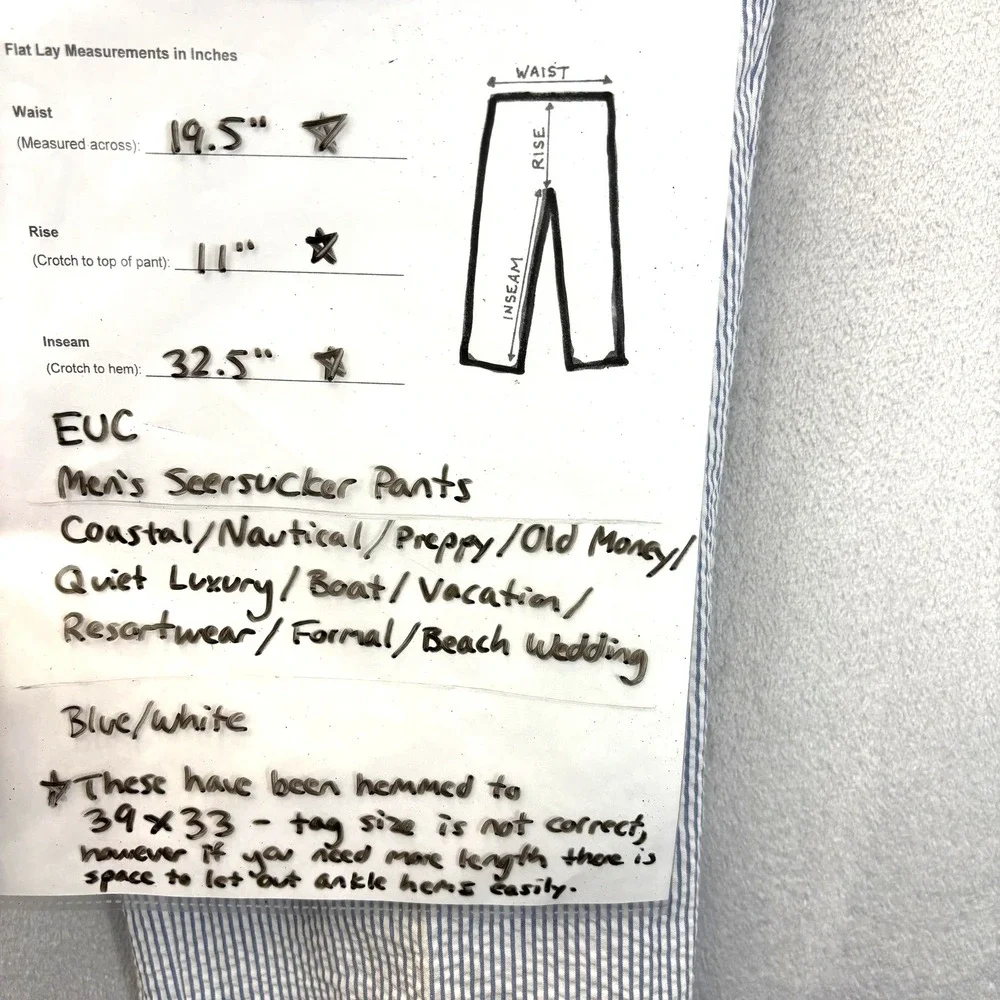 Enzo Tovare Seersucker Dress Pants Mens 39x33 Blue White Stripe Wedding Nautical